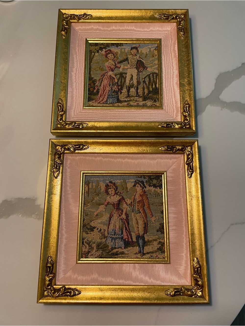 Vintage-Style Pink and Gold Framed Needlepoint Wall Art - Pair